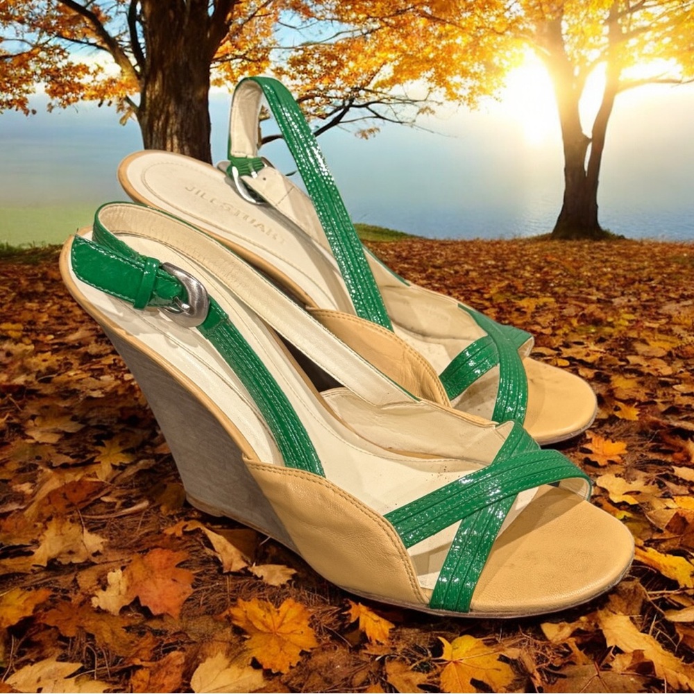 Jill Stuart Green and Tan Wedge Sandals size 9